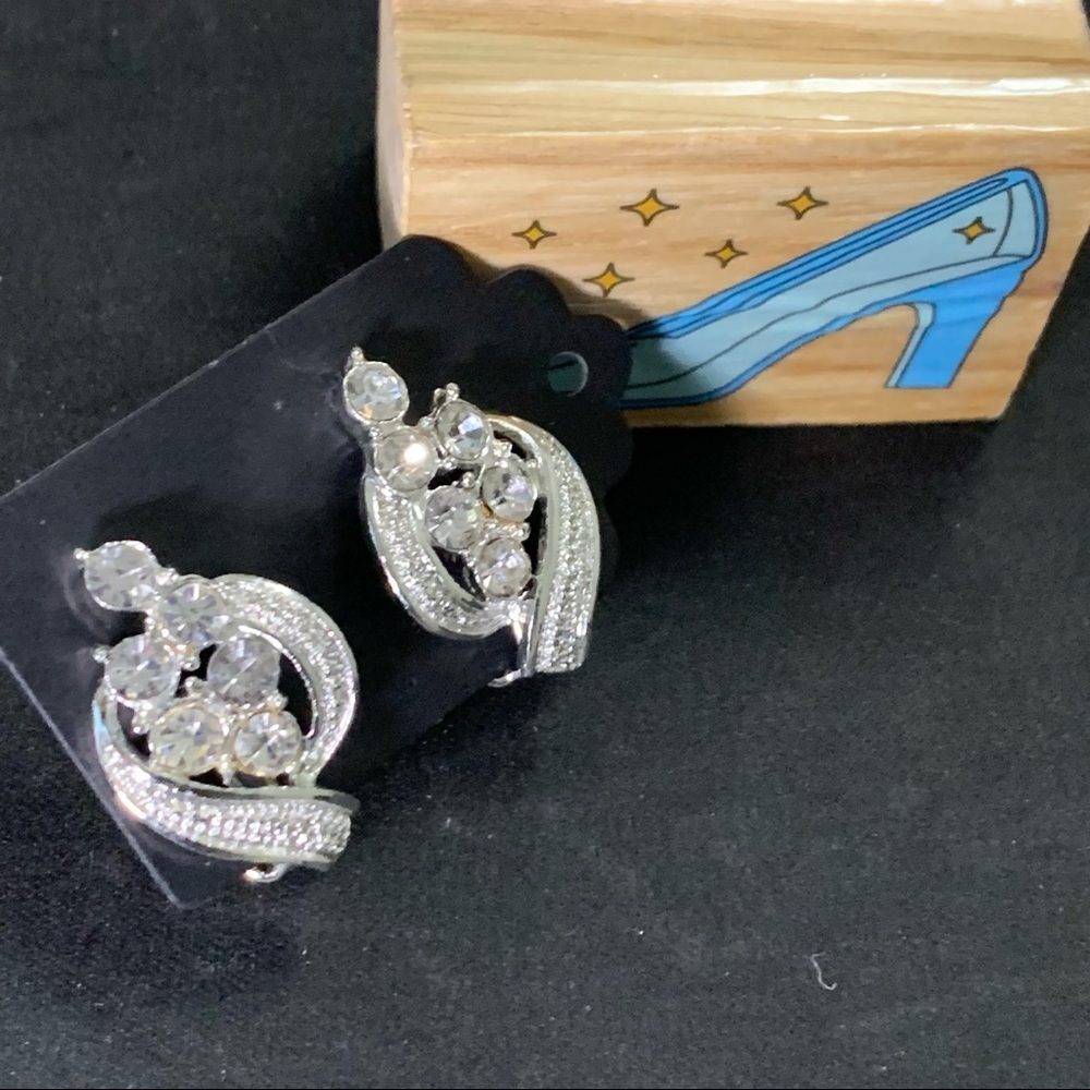 Vintage Party Statement Silver Rhinestones Clip -On  Earrings